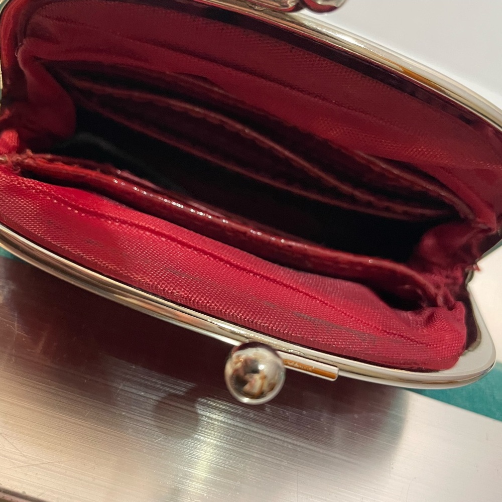 Liz Claiborne Red Silver Textured Coin Change Purse Wallet keyring ID holder - Picture 3 of 5
